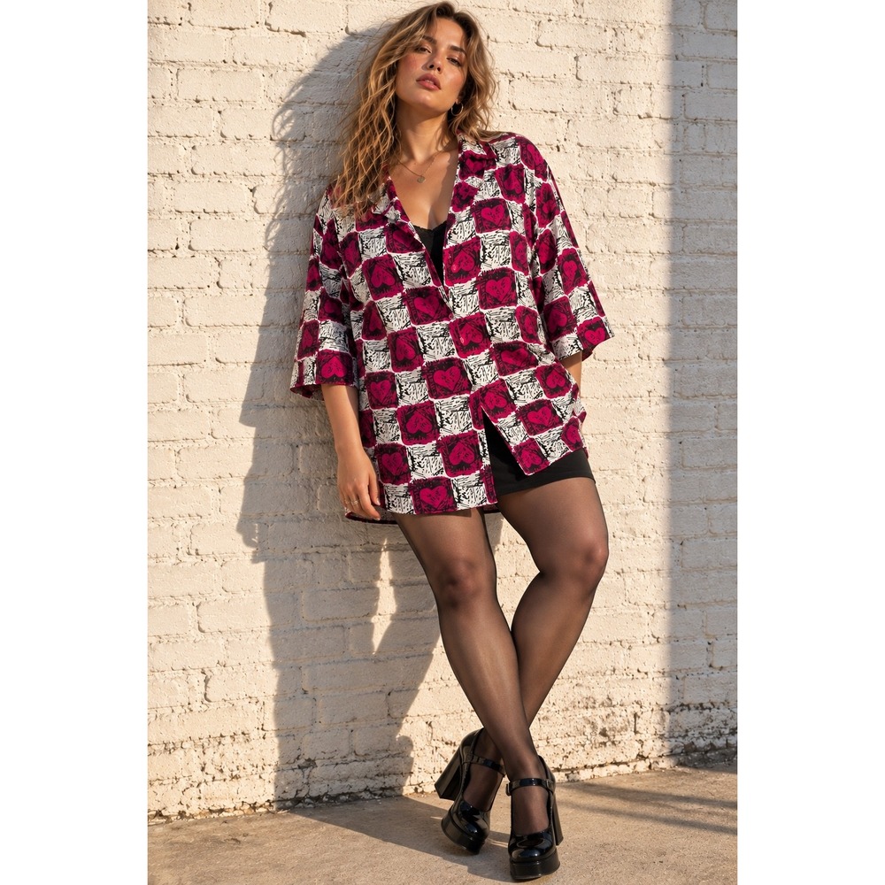 Vintage Stefano Pink Rayon Button Down Heart Print Shirt Plus Size 18/20